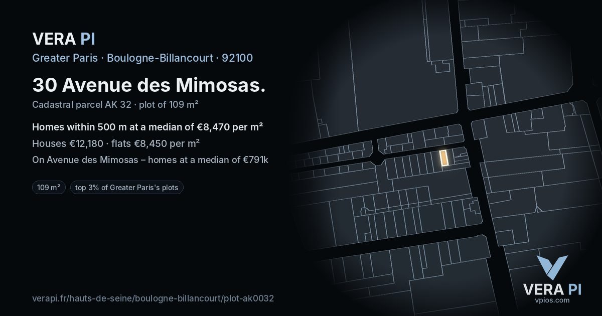 30 Avenue des Mimosas, Boulogne-Billancourt at night – the plot lit, the parcels around coloured by the prices near them