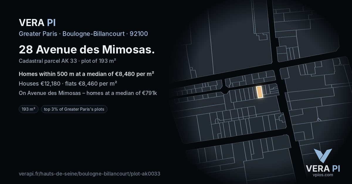 28 Avenue des Mimosas, Boulogne-Billancourt at night – the plot lit, the parcels around coloured by the prices near them