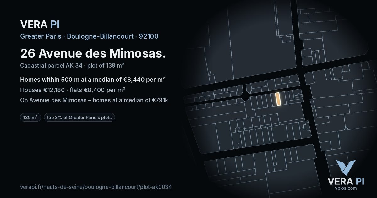 26 Avenue des Mimosas, Boulogne-Billancourt at night – the plot lit, the parcels around coloured by the prices near them