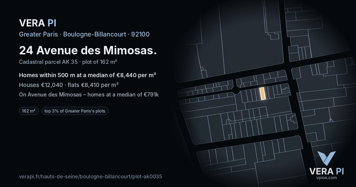 24 Avenue des Mimosas, Boulogne-Billancourt at night – the plot lit, the parcels around coloured by the prices near them