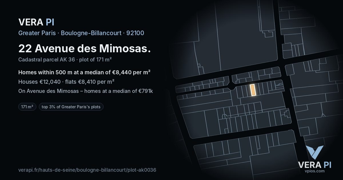 22 Avenue des Mimosas, Boulogne-Billancourt at night – the plot lit, the parcels around coloured by the prices near them