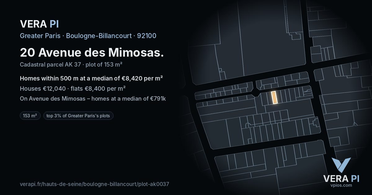 20 Avenue des Mimosas, Boulogne-Billancourt at night – the plot lit, the parcels around coloured by the prices near them