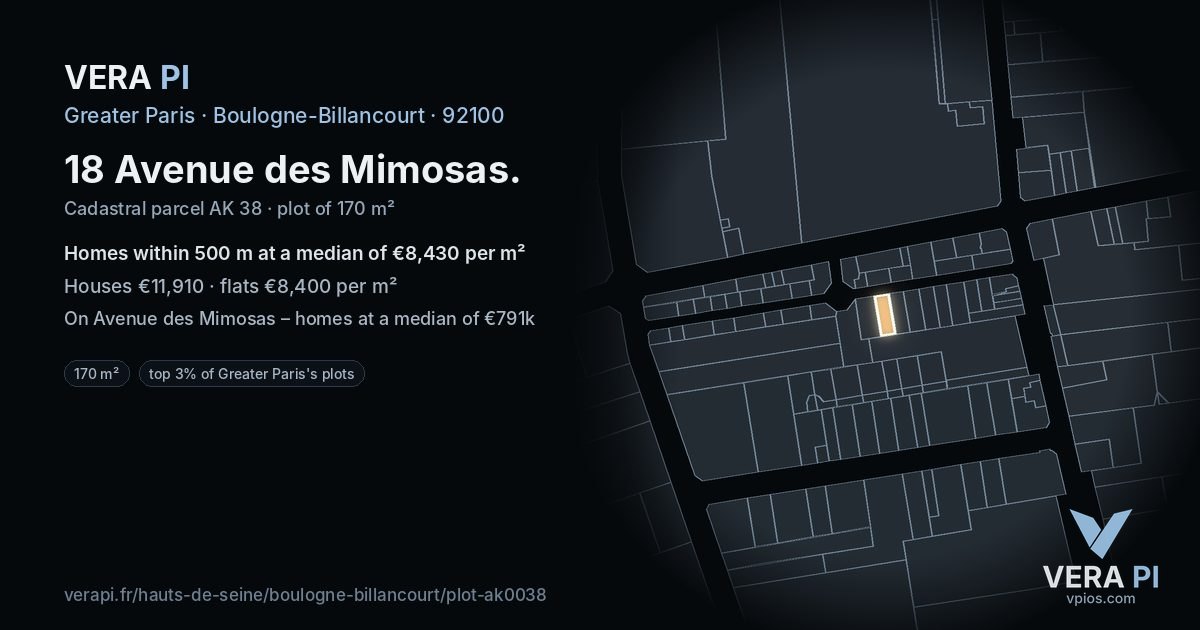 18 Avenue des Mimosas, Boulogne-Billancourt at night – the plot lit, the parcels around coloured by the prices near them