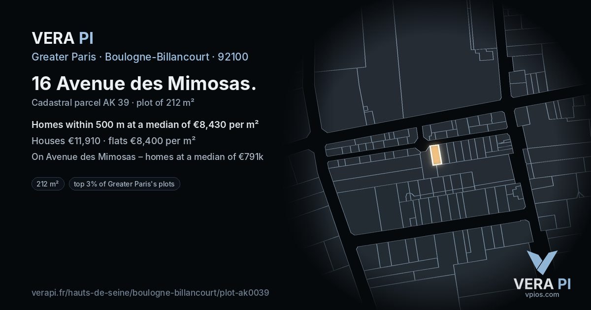16 Avenue des Mimosas, Boulogne-Billancourt at night – the plot lit, the parcels around coloured by the prices near them
