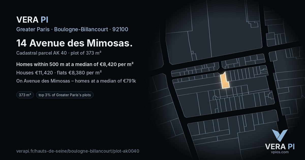 14 Avenue des Mimosas, Boulogne-Billancourt at night – the plot lit, the parcels around coloured by the prices near them