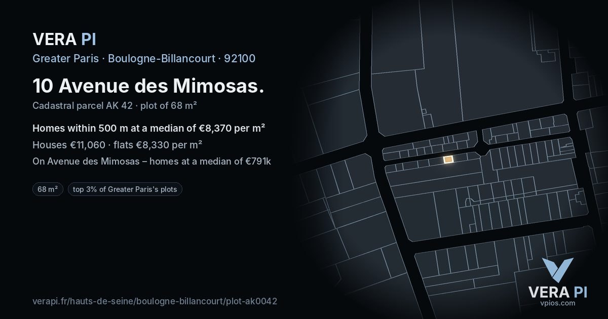 10 Avenue des Mimosas, Boulogne-Billancourt at night – the plot lit, the parcels around coloured by the prices near them