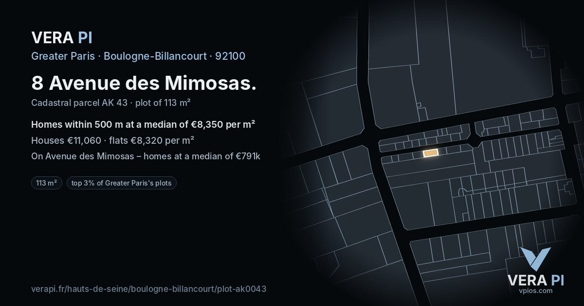 8 Avenue des Mimosas, Boulogne-Billancourt at night – the plot lit, the parcels around coloured by the prices near them