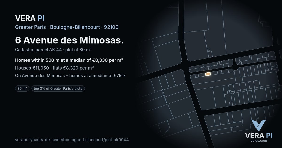 6 Avenue des Mimosas, Boulogne-Billancourt at night – the plot lit, the parcels around coloured by the prices near them