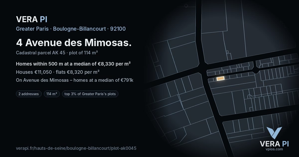 4 Avenue des Mimosas, Boulogne-Billancourt at night – the plot lit, the parcels around coloured by the prices near them