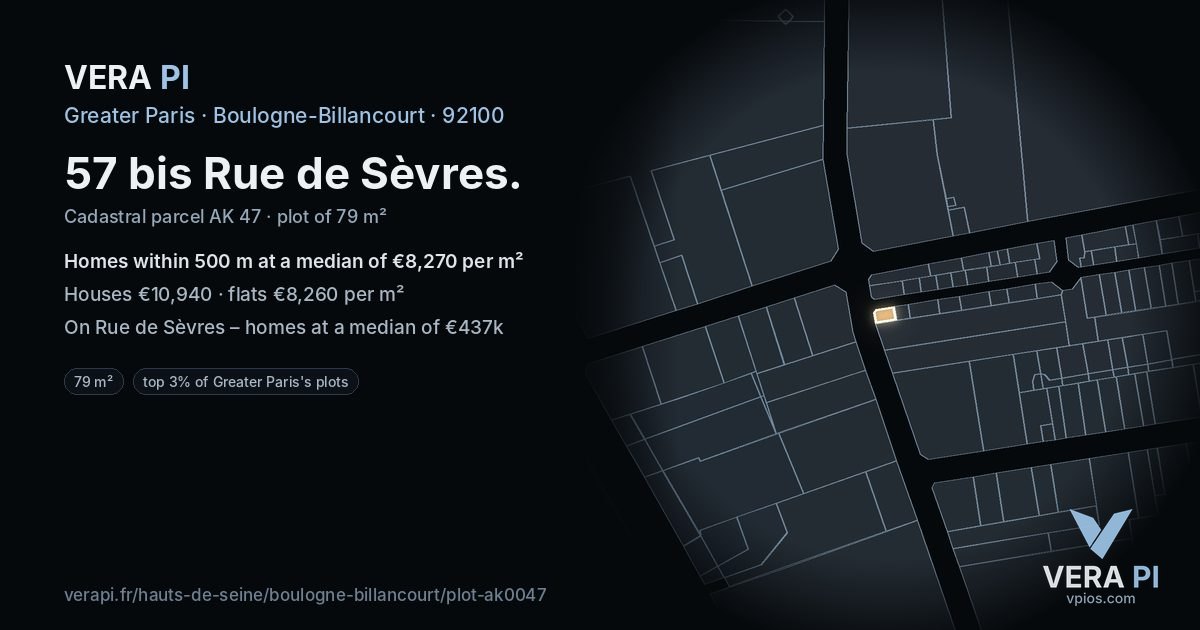 57 bis Rue de Sèvres, Boulogne-Billancourt at night – the plot lit, the parcels around coloured by the prices near them