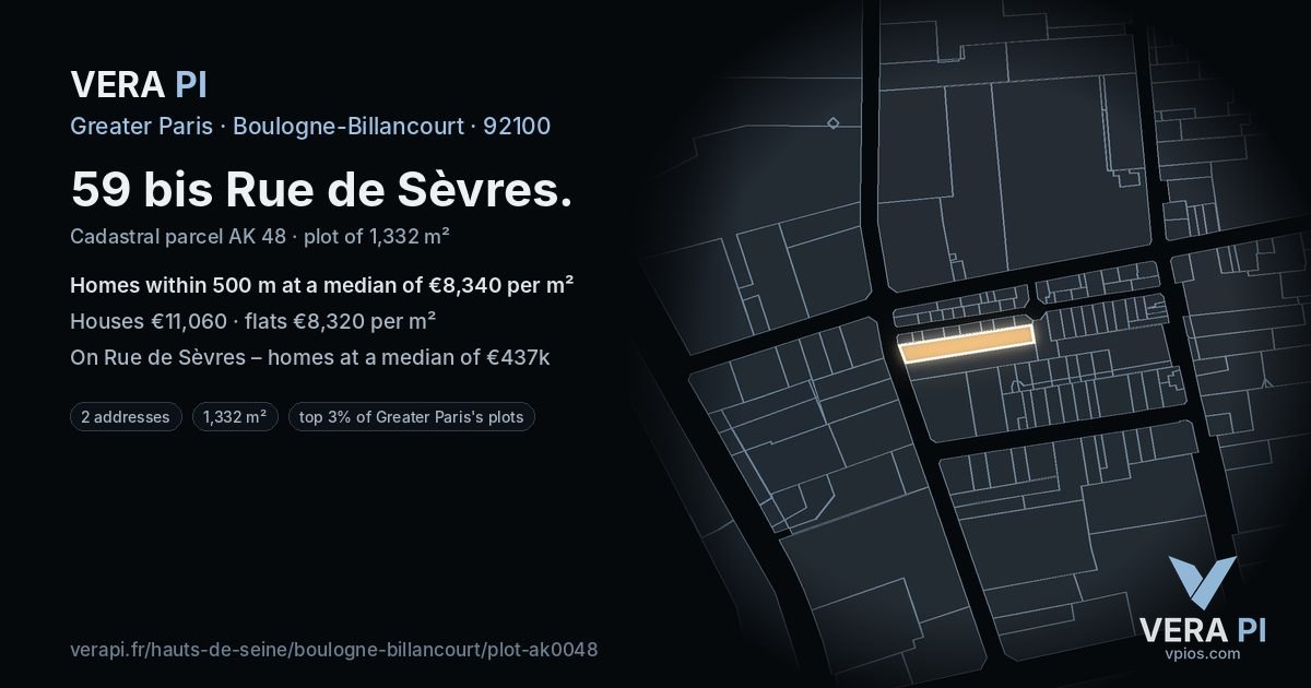 59 bis Rue de Sèvres, Boulogne-Billancourt at night – the plot lit, the parcels around coloured by the prices near them
