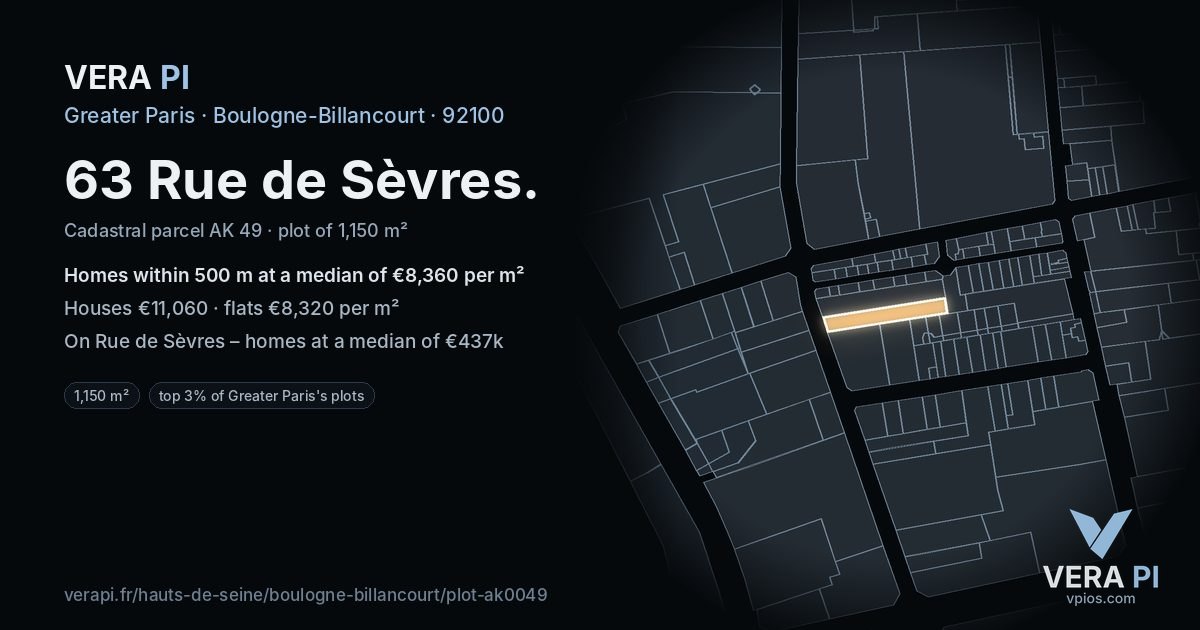 63 Rue de Sèvres, Boulogne-Billancourt at night – the plot lit, the parcels around coloured by the prices near them