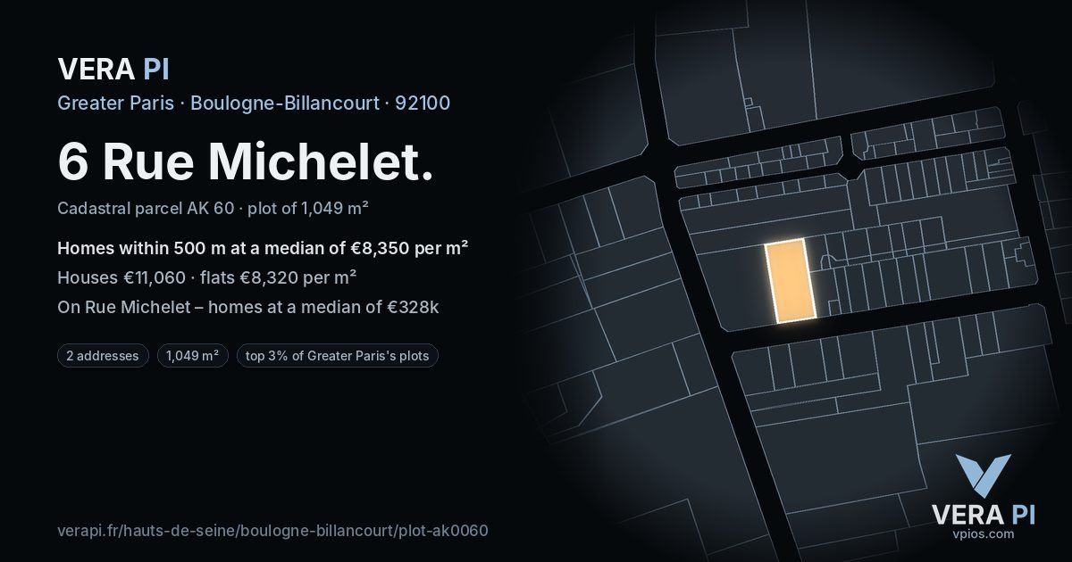 6 Rue Michelet, Boulogne-Billancourt at night – the plot lit, the parcels around coloured by the prices near them