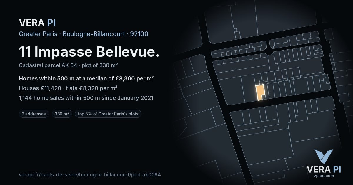 11 Impasse Bellevue, Boulogne-Billancourt at night – the plot lit, the parcels around coloured by the prices near them