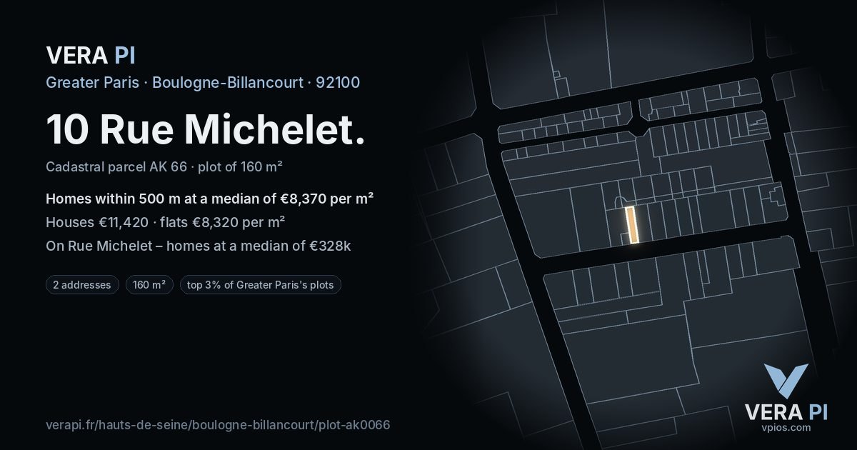 10 Rue Michelet, Boulogne-Billancourt at night – the plot lit, the parcels around coloured by the prices near them
