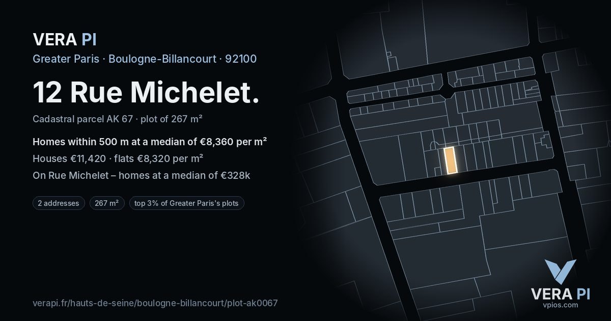 12 Rue Michelet, Boulogne-Billancourt at night – the plot lit, the parcels around coloured by the prices near them