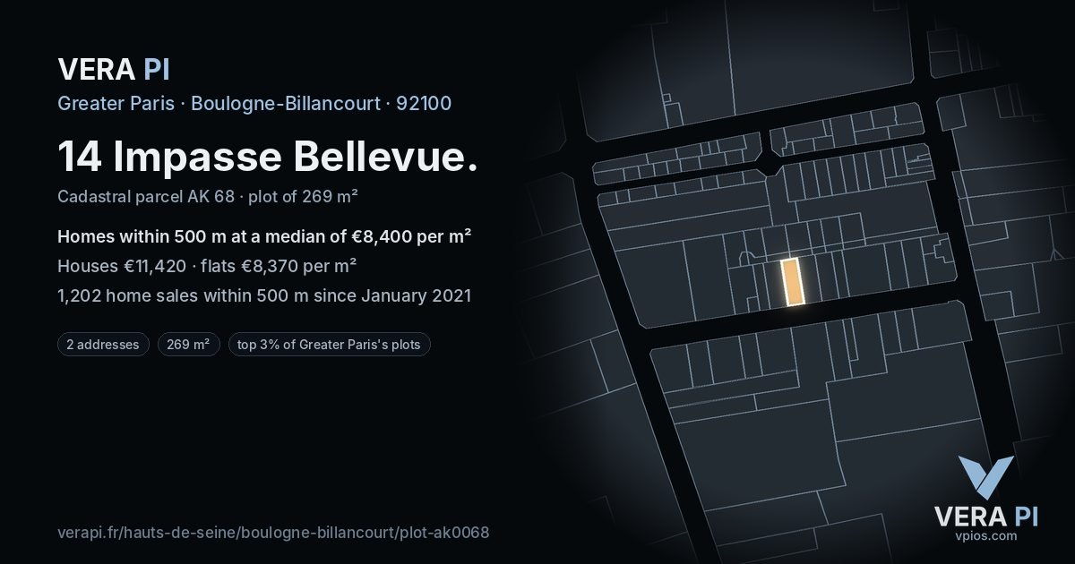14 Impasse Bellevue, Boulogne-Billancourt at night – the plot lit, the parcels around coloured by the prices near them