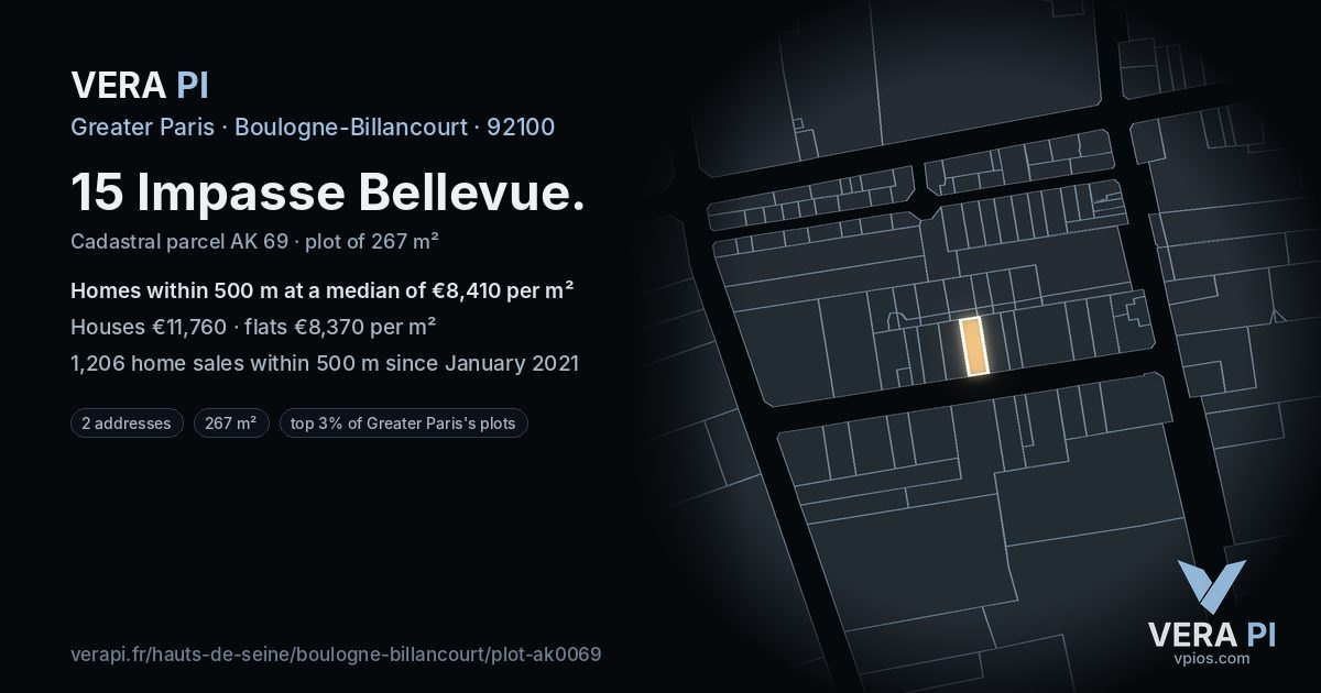 15 Impasse Bellevue, Boulogne-Billancourt at night – the plot lit, the parcels around coloured by the prices near them