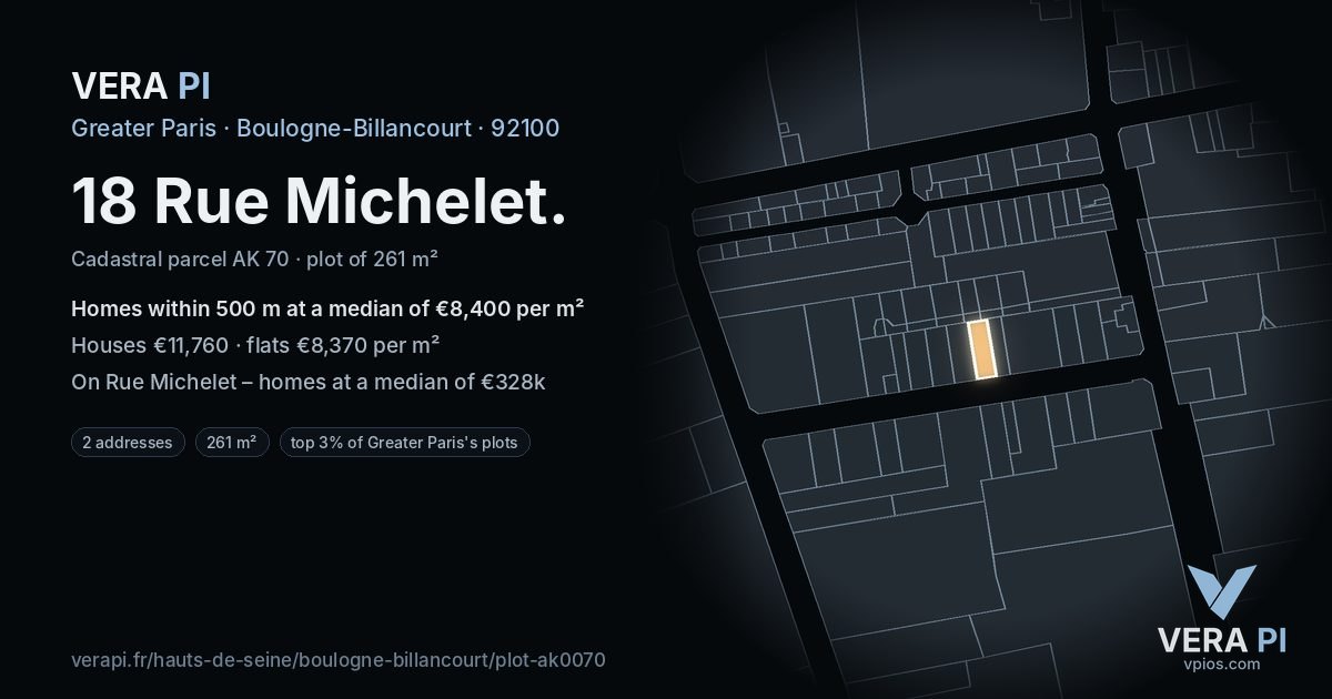 18 Rue Michelet, Boulogne-Billancourt at night – the plot lit, the parcels around coloured by the prices near them