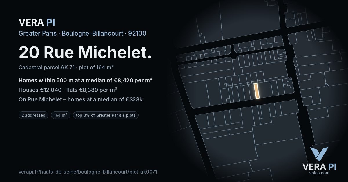 20 Rue Michelet, Boulogne-Billancourt at night – the plot lit, the parcels around coloured by the prices near them