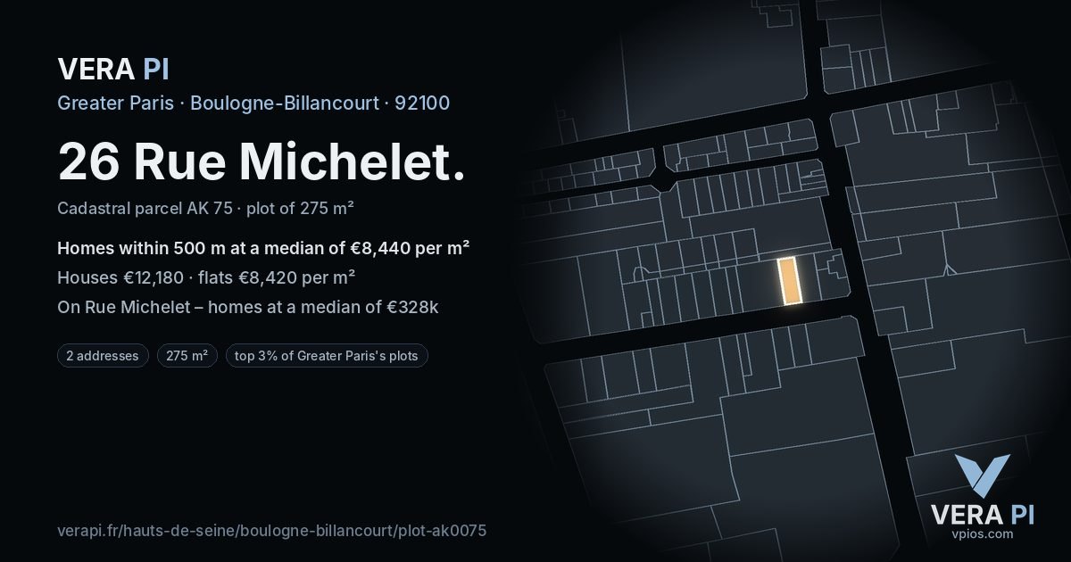 26 Rue Michelet, Boulogne-Billancourt at night – the plot lit, the parcels around coloured by the prices near them