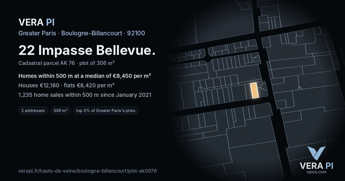 22 Impasse Bellevue, Boulogne-Billancourt at night – the plot lit, the parcels around coloured by the prices near them