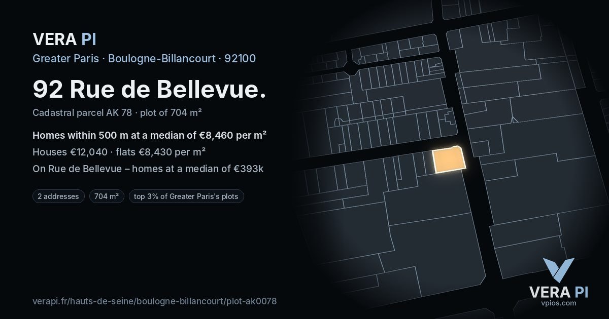 92 Rue de Bellevue, Boulogne-Billancourt at night – the plot lit, the parcels around coloured by the prices near them