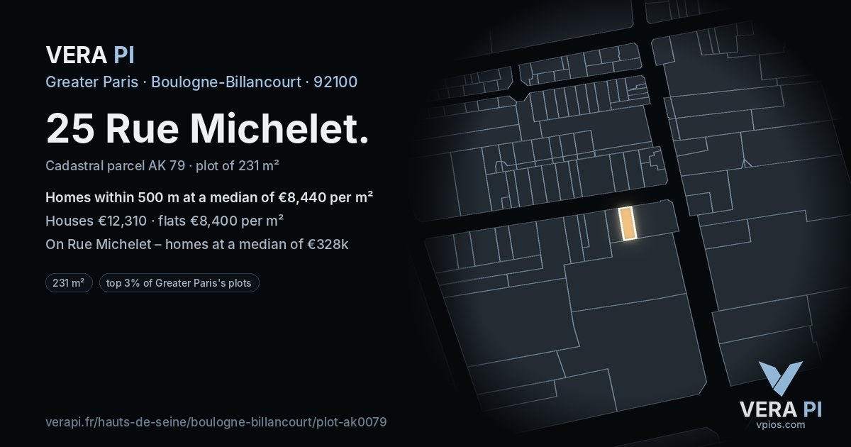 25 Rue Michelet, Boulogne-Billancourt at night – the plot lit, the parcels around coloured by the prices near them