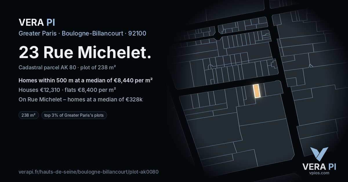23 Rue Michelet, Boulogne-Billancourt at night – the plot lit, the parcels around coloured by the prices near them