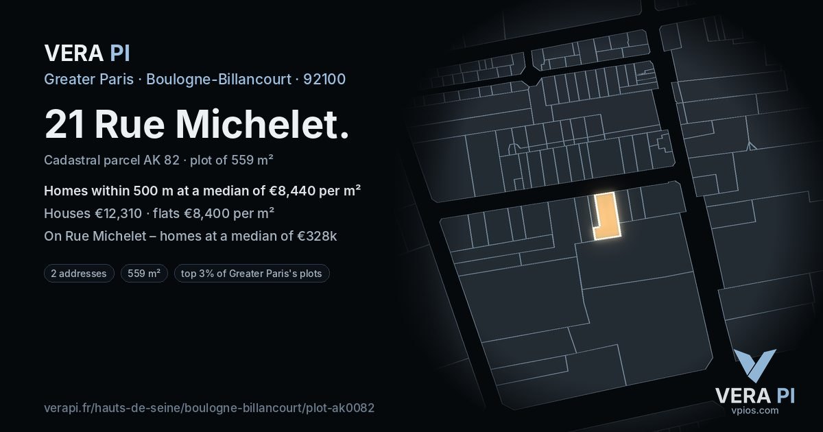 21 Rue Michelet, Boulogne-Billancourt at night – the plot lit, the parcels around coloured by the prices near them