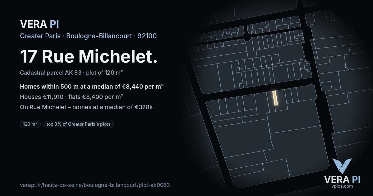 17 Rue Michelet, Boulogne-Billancourt at night – the plot lit, the parcels around coloured by the prices near them