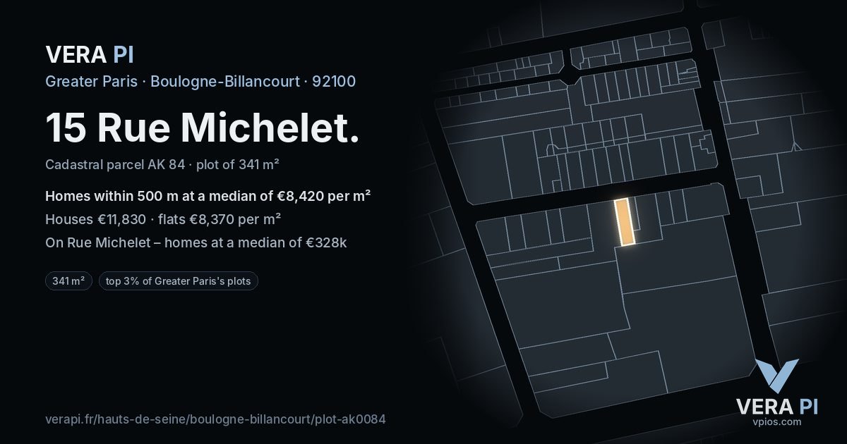 15 Rue Michelet, Boulogne-Billancourt at night – the plot lit, the parcels around coloured by the prices near them