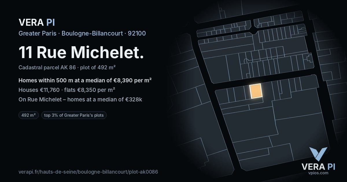 11 Rue Michelet, Boulogne-Billancourt at night – the plot lit, the parcels around coloured by the prices near them
