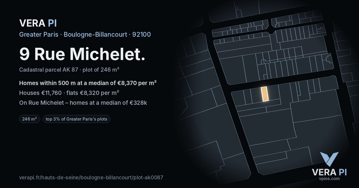9 Rue Michelet, Boulogne-Billancourt at night – the plot lit, the parcels around coloured by the prices near them