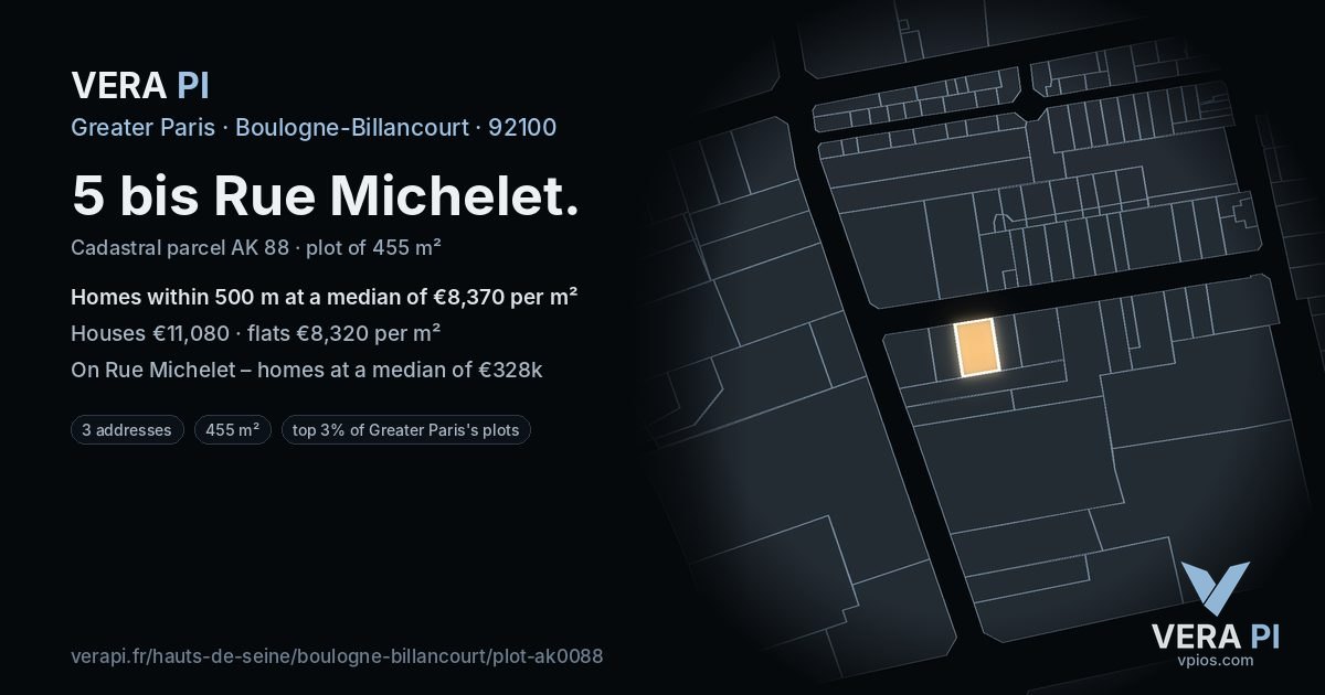5 bis Rue Michelet, Boulogne-Billancourt at night – the plot lit, the parcels around coloured by the prices near them