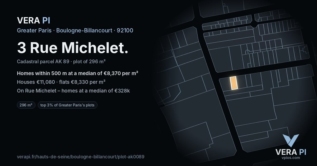 3 Rue Michelet, Boulogne-Billancourt at night – the plot lit, the parcels around coloured by the prices near them