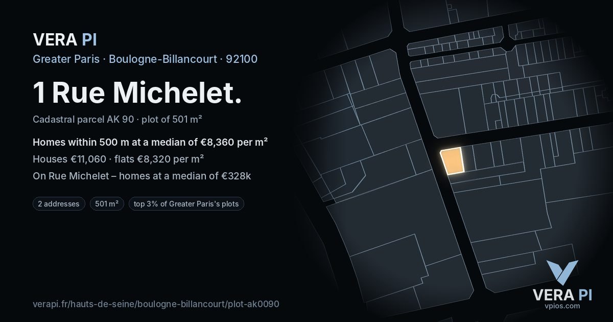 1 Rue Michelet, Boulogne-Billancourt at night – the plot lit, the parcels around coloured by the prices near them