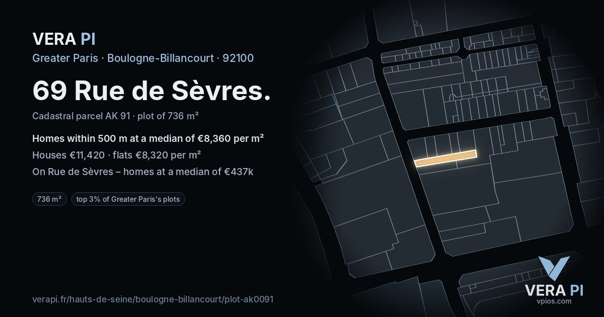 69 Rue de Sèvres, Boulogne-Billancourt at night – the plot lit, the parcels around coloured by the prices near them