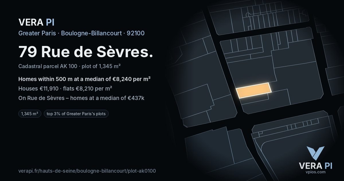79 Rue de Sèvres, Boulogne-Billancourt at night – the plot lit, the parcels around coloured by the prices near them