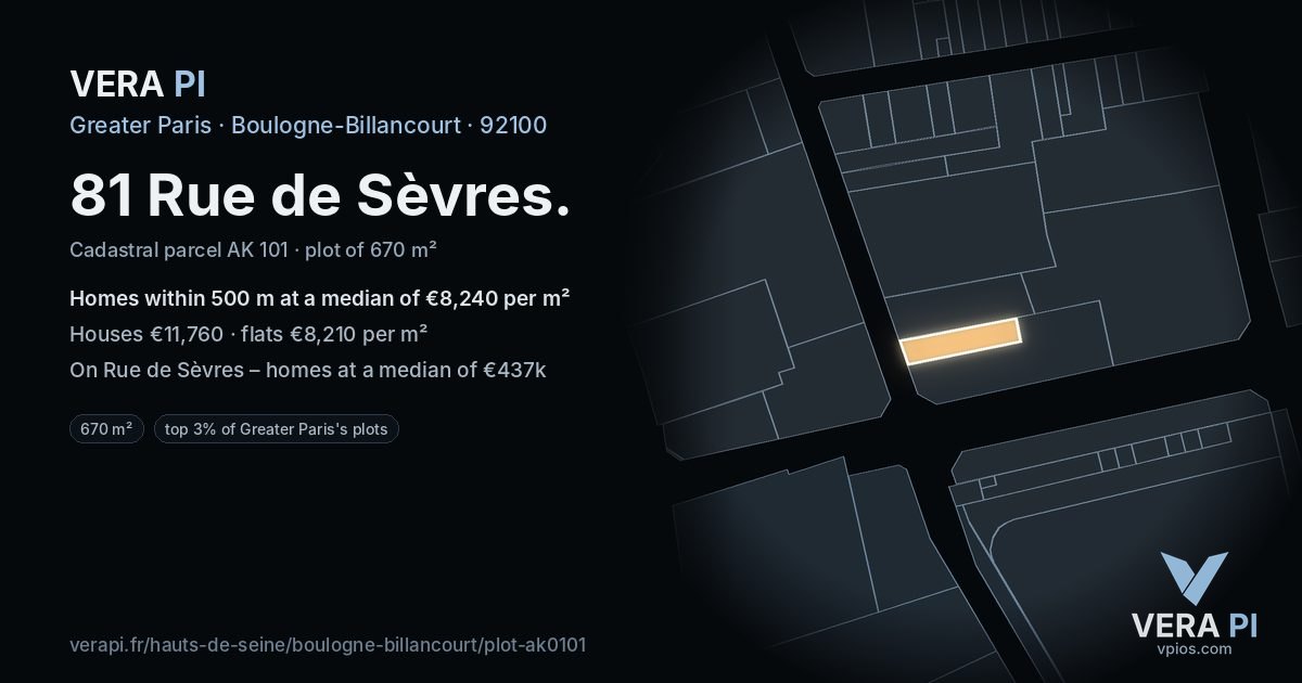 81 Rue de Sèvres, Boulogne-Billancourt at night – the plot lit, the parcels around coloured by the prices near them