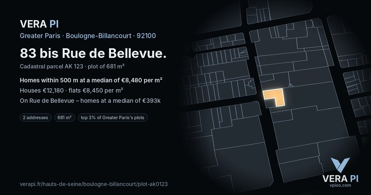 83 bis Rue de Bellevue, Boulogne-Billancourt at night – the plot lit, the parcels around coloured by the prices near them