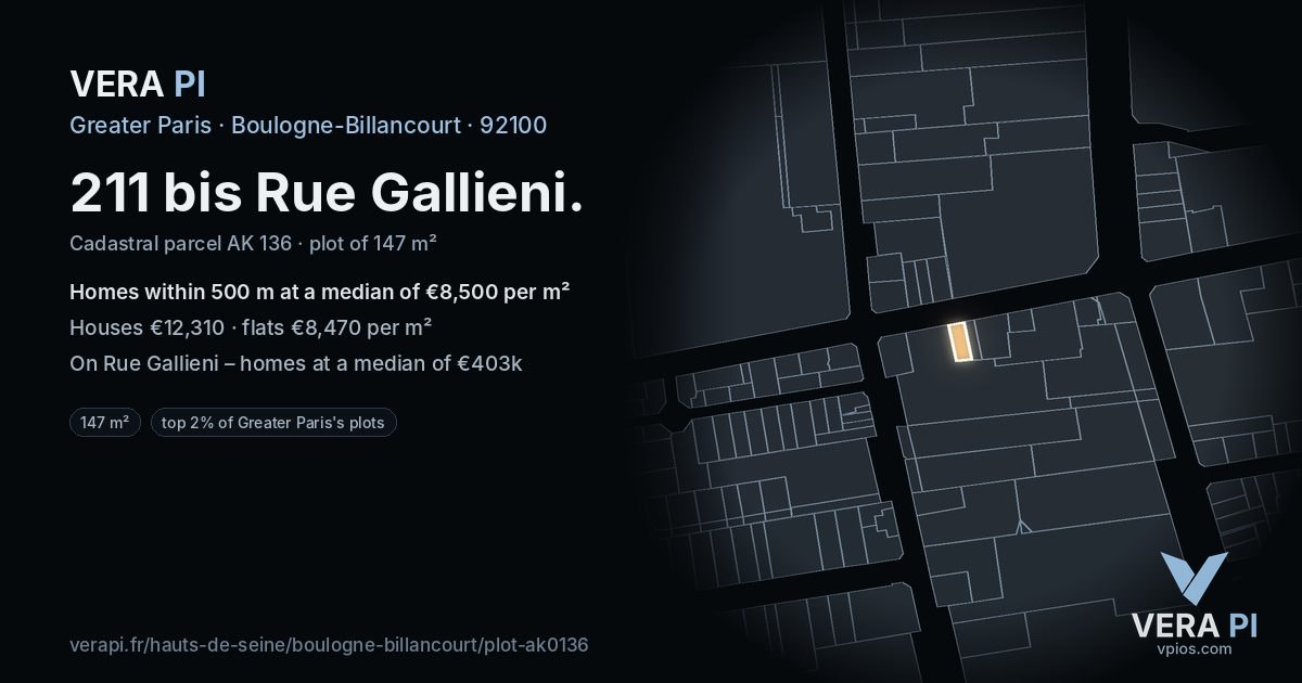 211 bis Rue Gallieni, Boulogne-Billancourt at night – the plot lit, the parcels around coloured by the prices near them