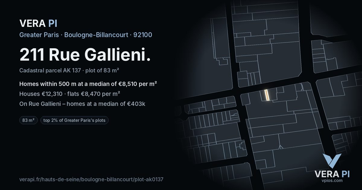 211 Rue Gallieni, Boulogne-Billancourt at night – the plot lit, the parcels around coloured by the prices near them