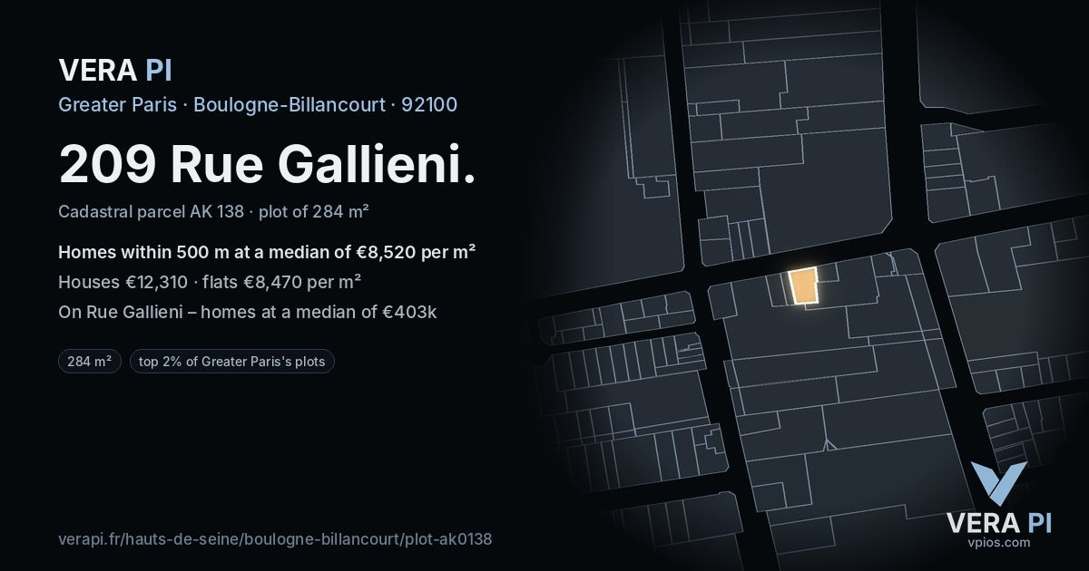 209 Rue Gallieni, Boulogne-Billancourt at night – the plot lit, the parcels around coloured by the prices near them