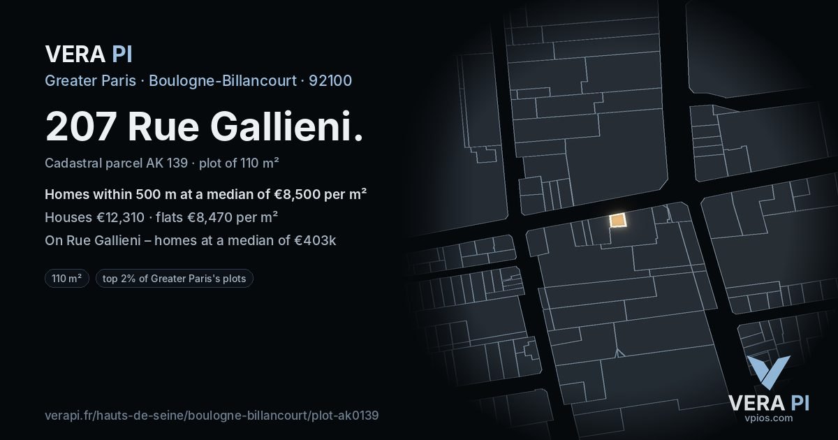 207 Rue Gallieni, Boulogne-Billancourt at night – the plot lit, the parcels around coloured by the prices near them