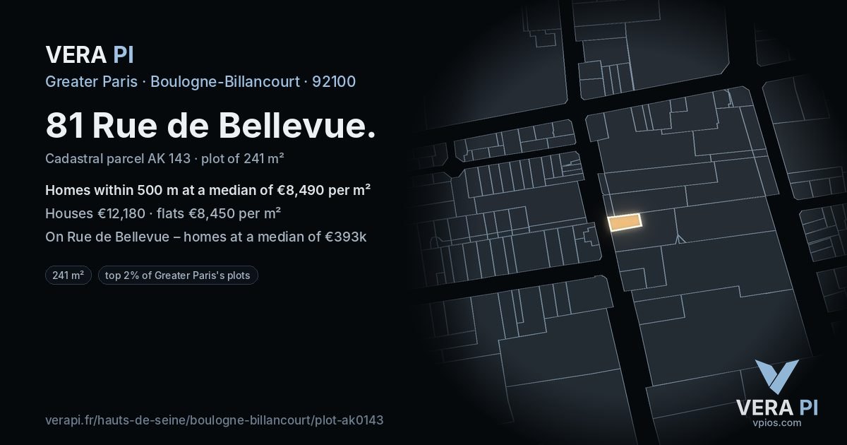 81 Rue de Bellevue, Boulogne-Billancourt at night – the plot lit, the parcels around coloured by the prices near them