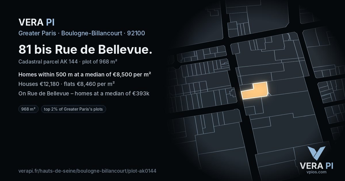 81 bis Rue de Bellevue, Boulogne-Billancourt at night – the plot lit, the parcels around coloured by the prices near them