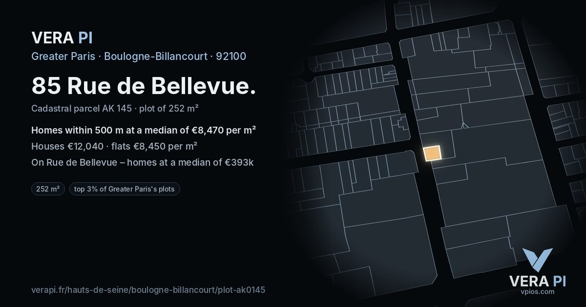 85 Rue de Bellevue, Boulogne-Billancourt at night – the plot lit, the parcels around coloured by the prices near them