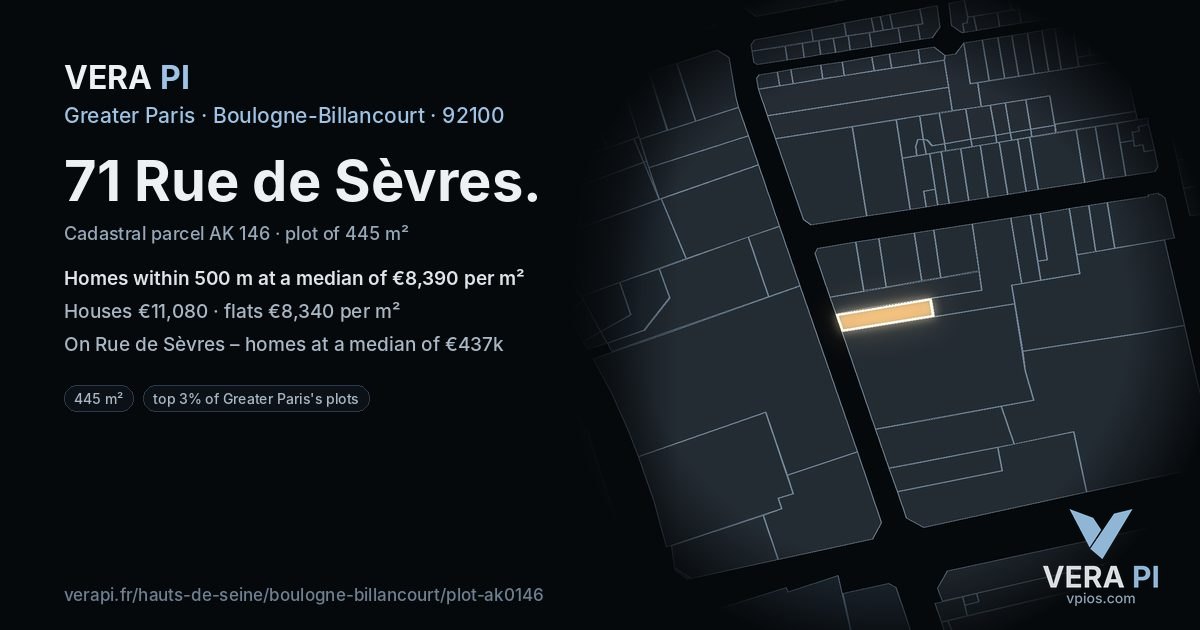 71 Rue de Sèvres, Boulogne-Billancourt at night – the plot lit, the parcels around coloured by the prices near them