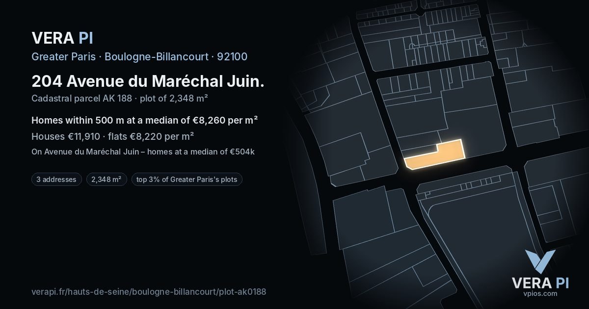 204 Avenue du Maréchal Juin, Boulogne-Billancourt at night – the plot lit, the parcels around coloured by the prices near them